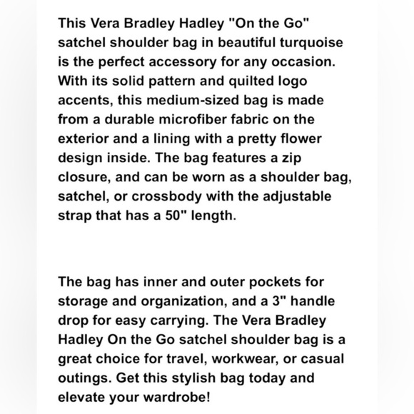 Vera Bradley Hadley On-The-Go Bag Bahama Bay Turquoise 2-Tone Quilted EUC - Picture 12 of 13